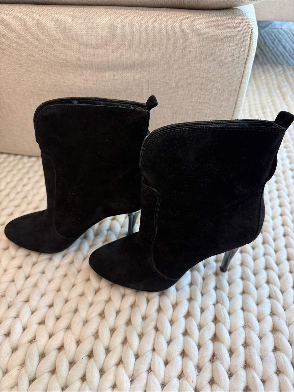 BCBG Black Suede Mid-Calf Heeled Ankle Boots